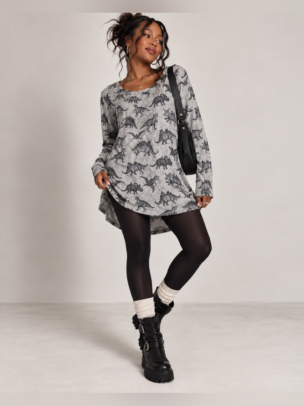 Women's Gray Dinosaur Print Tunic Top